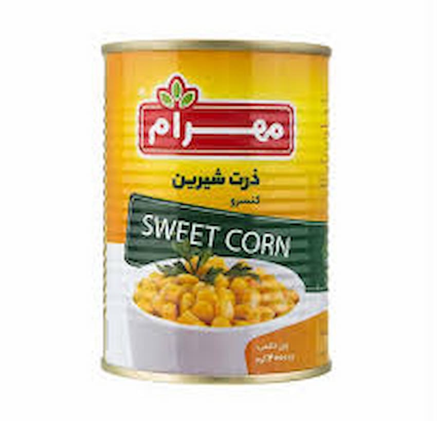کنسرو ذرت شیرین مهرام تهیه شده از ذرت مرغوب و تازه